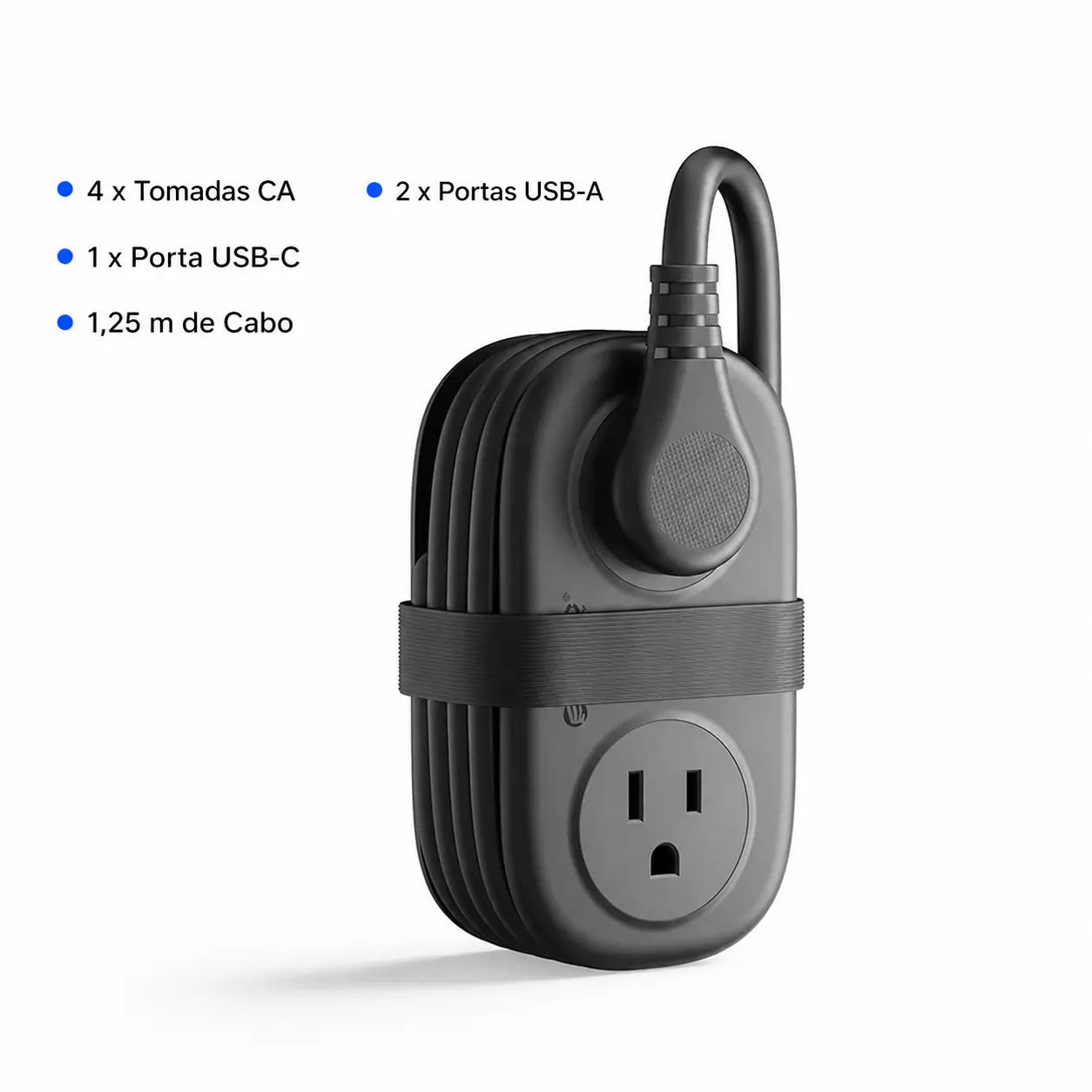 Filtro de linha compacto para viagem com 4 tomadas, USB-C e cabo curto enrolável, ideal para hotel, cruzeiro e mesa de trabalho