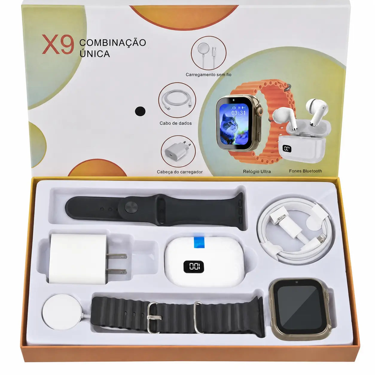 Kit smartwatch 6 em 1 com fone Bluetooth, carregador 20W e cabo Type-C para rotina conectada no trabalho, treino e viagens