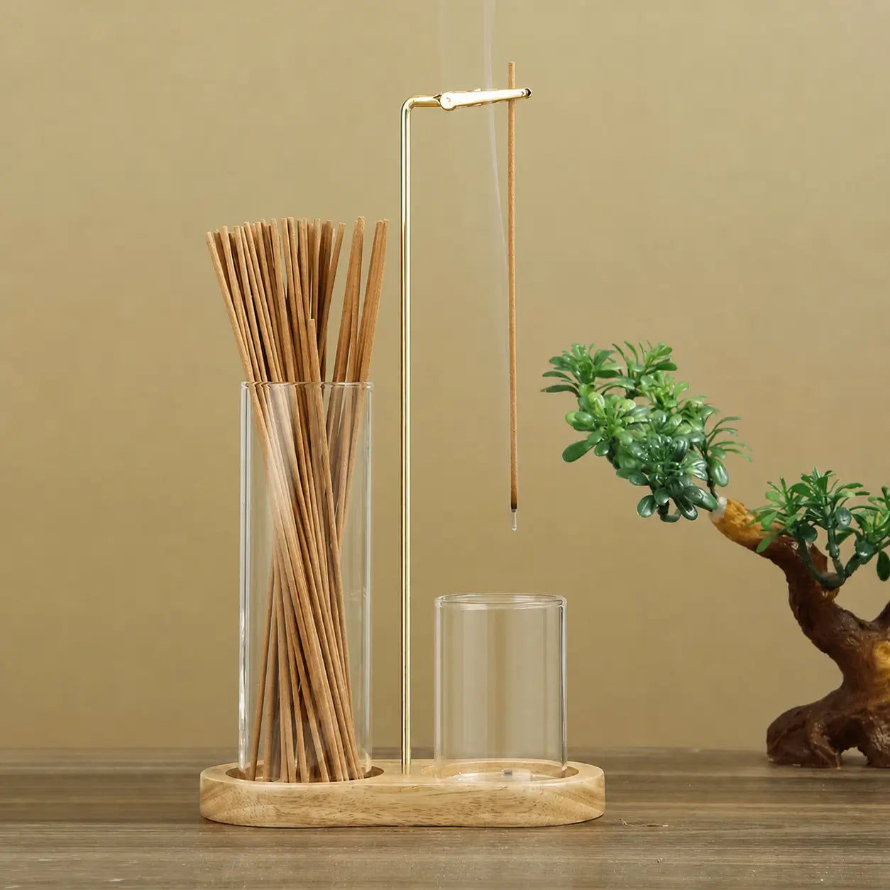 Porta-incenso minimalista com porta-vela, base de madeira resistente e coletor removível para yoga, relaxamento e decoração na sala e quarto