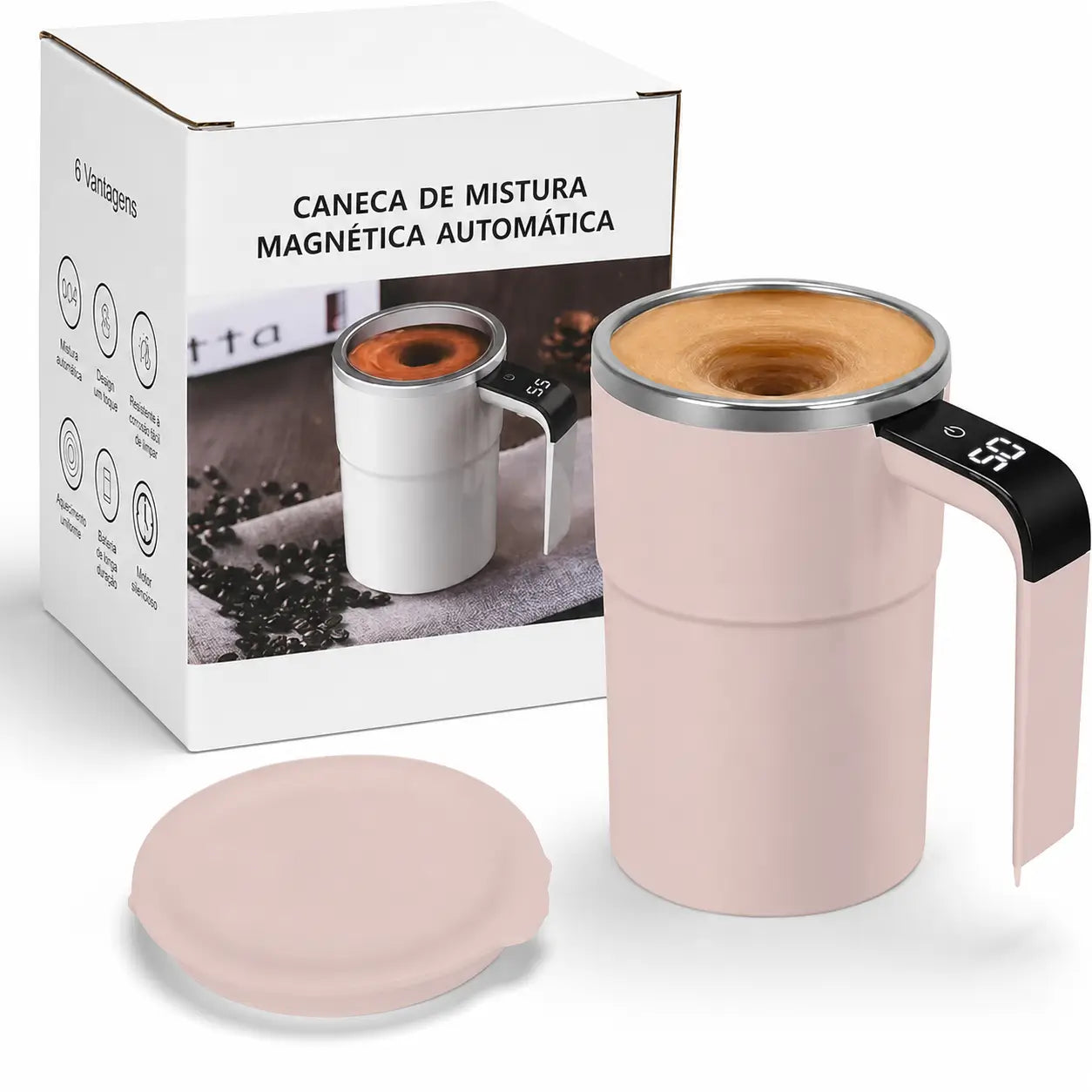 Caneca automática para café com mistura magnética, termômetro LCD e bateria recarregável para bebidas quentes ou frias em casa, escritório ou viagem