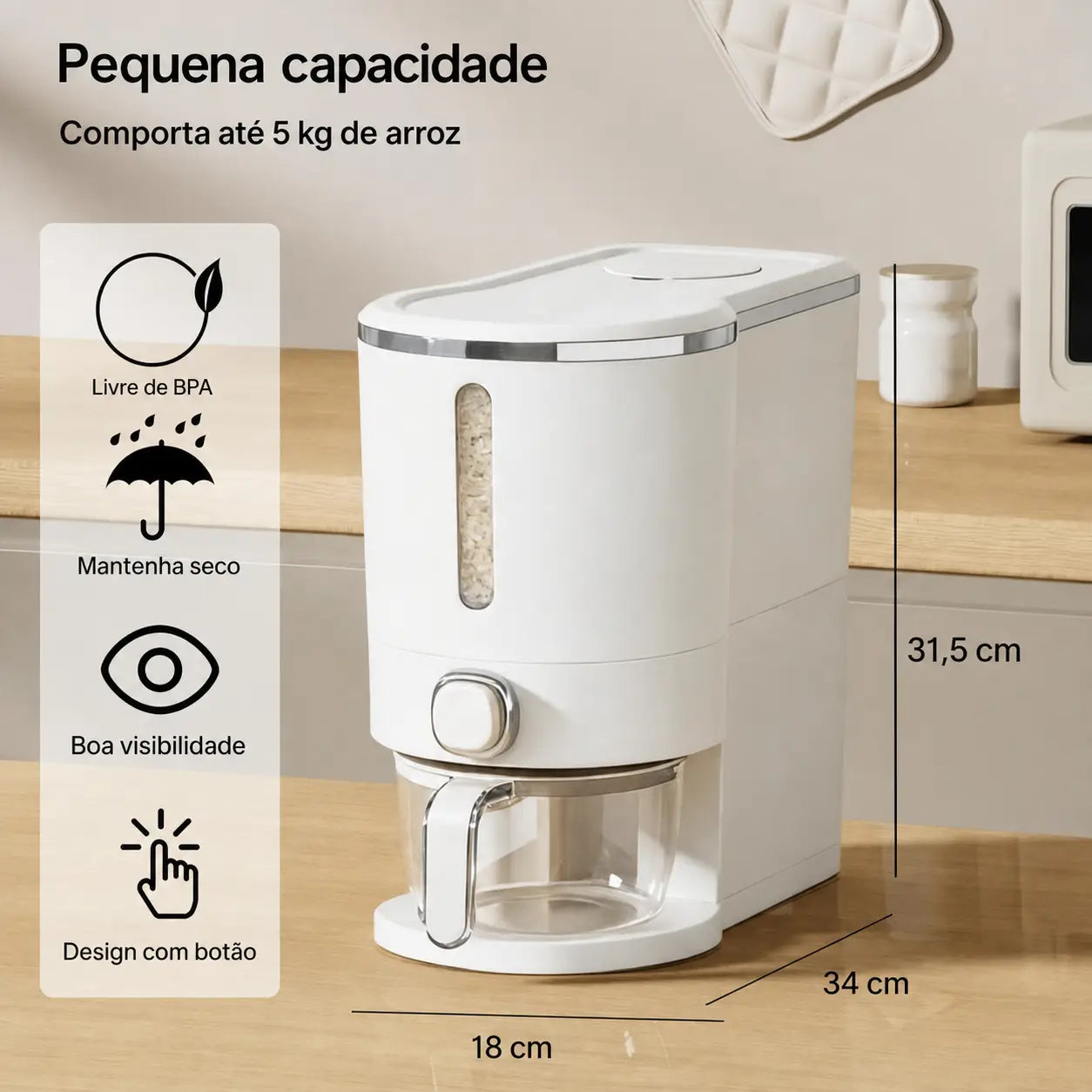 Dispenser hermético para arroz 10 kg com copo medidor, proteção contra insetos para grãos, cereais e ração na cozinha e despensa