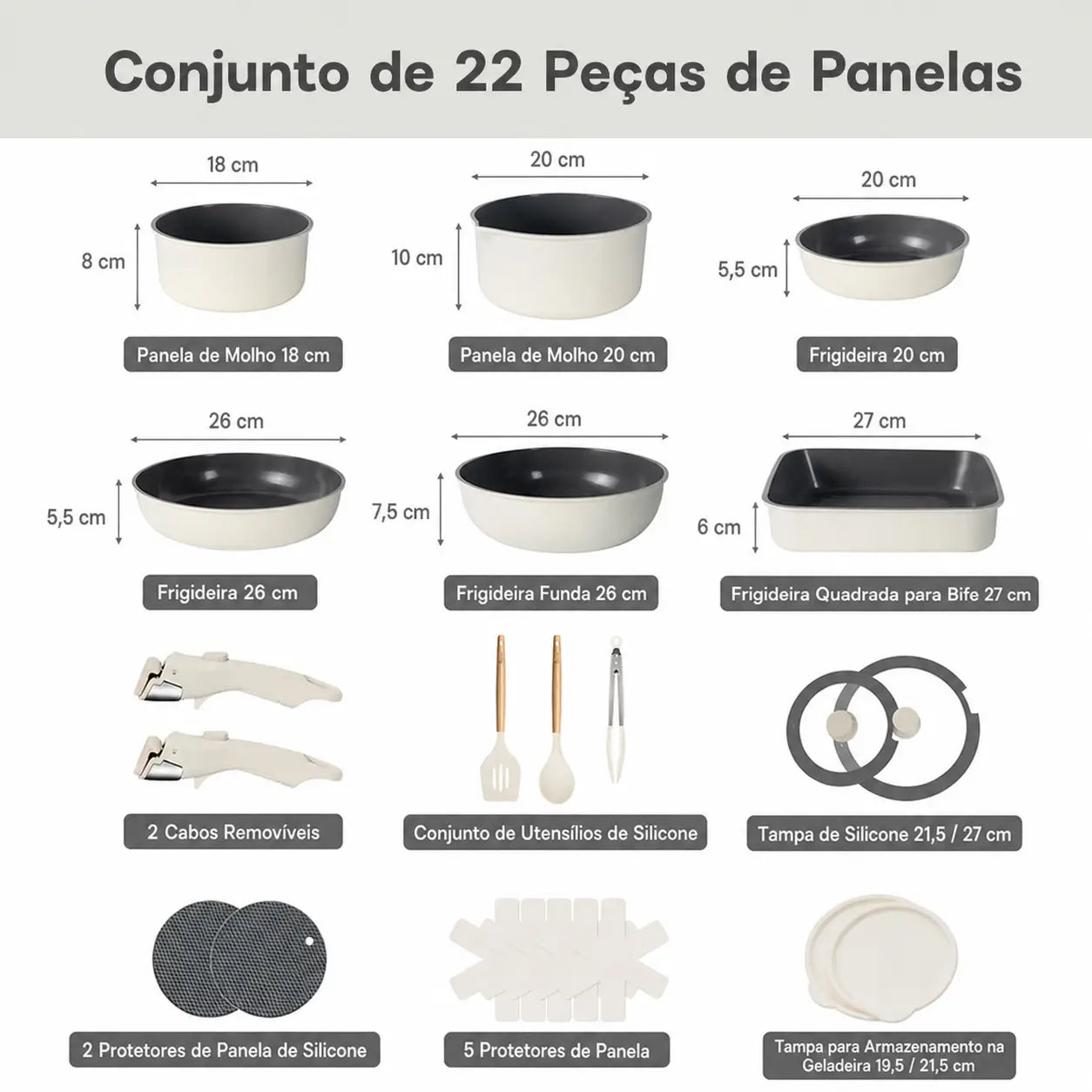 Conjunto de panelas cerâmicas antiaderentes 22 peças, empilhável com cabo removível, para uso prático em casa, indução, forno e camping