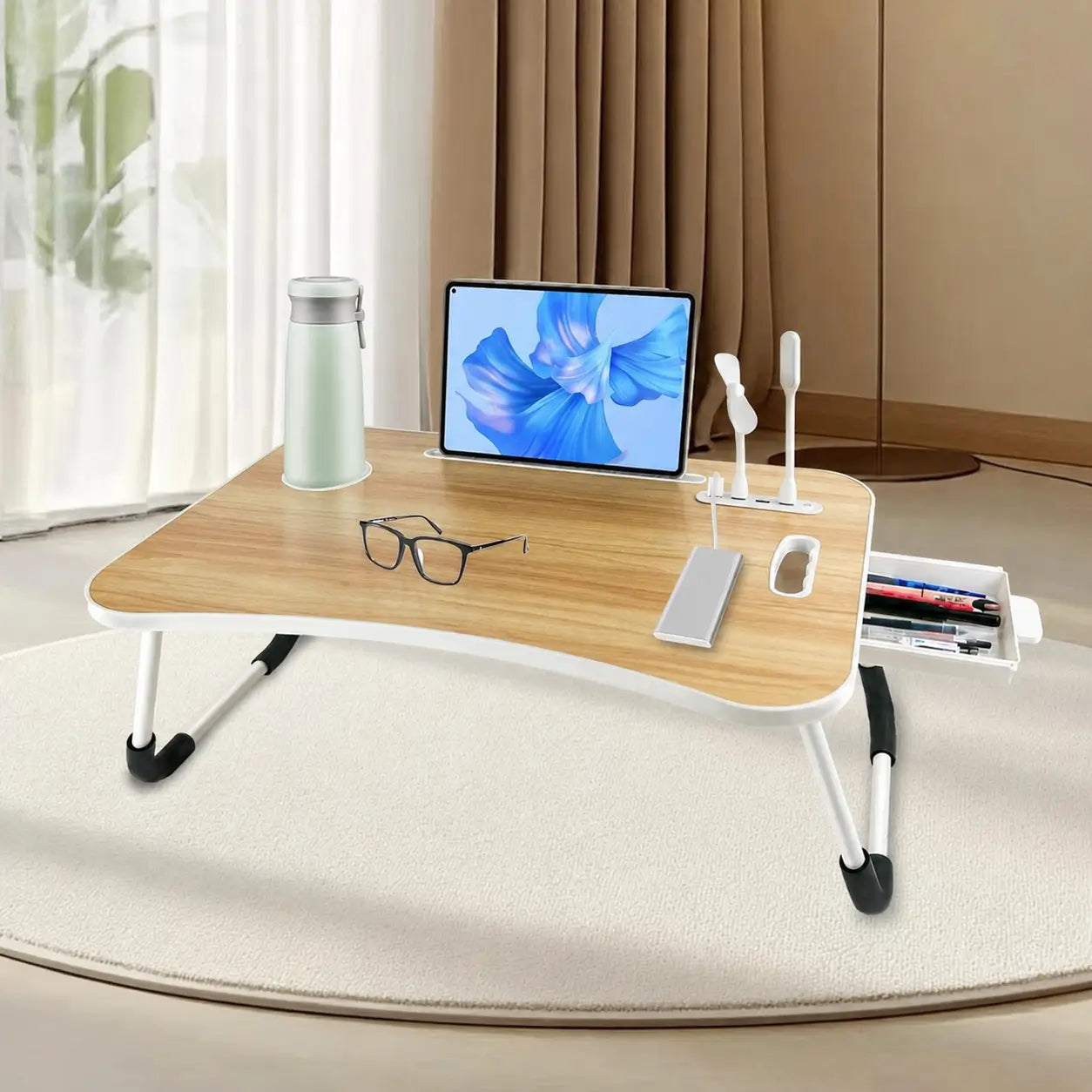 Mesa dobrável para notebook com 4 portas USB, porta-copos e gaveta para trabalhar ou estudar na cama com conforto