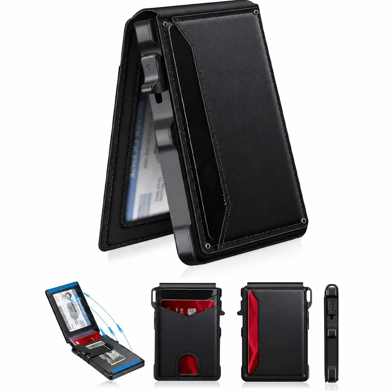 Carteira masculina slim com bloqueio RFID, porta-cartões pop-up e clipe de dinheiro para uso diário no bolso com janela para documento