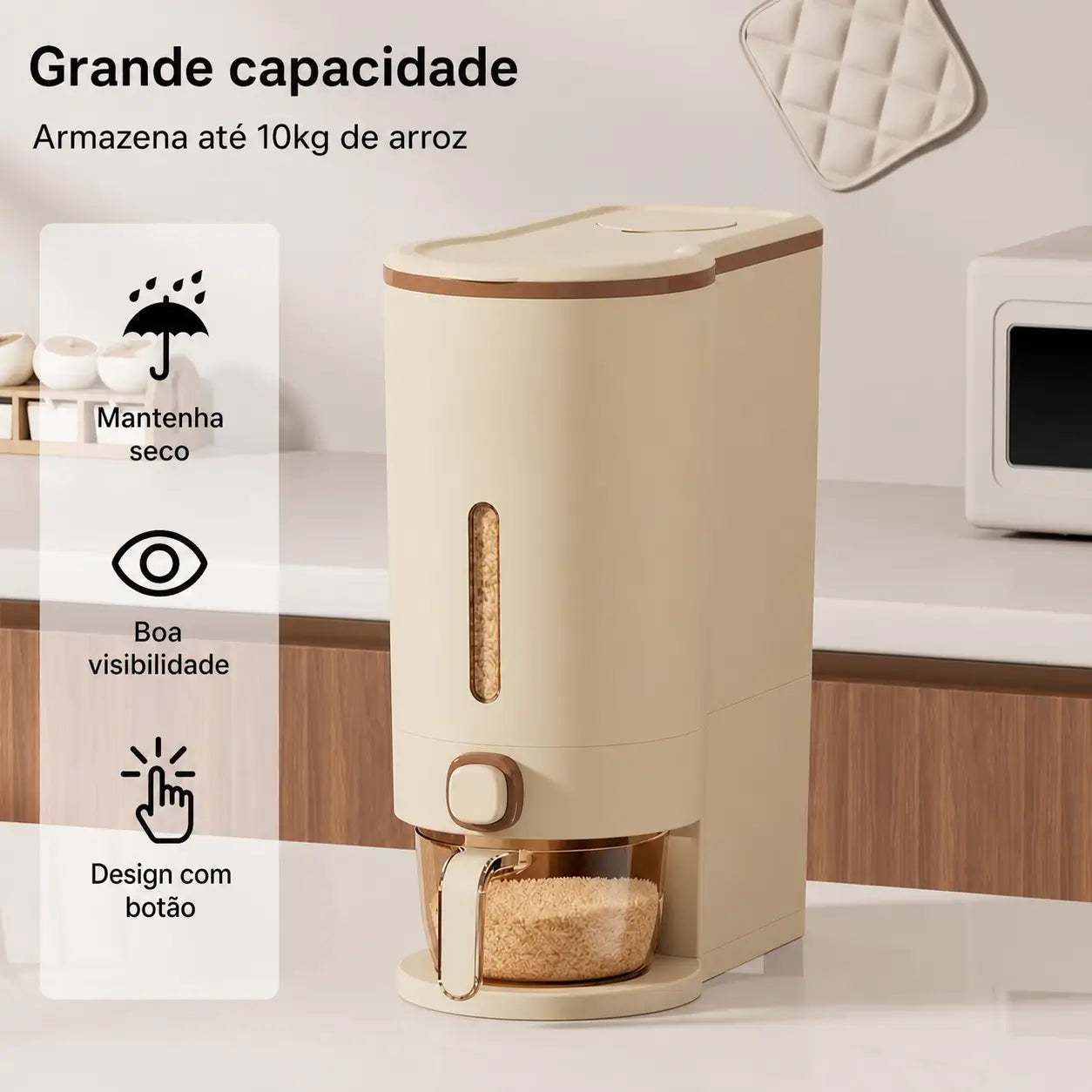 Dispenser hermético para arroz 10 kg com copo medidor, proteção contra insetos para grãos, cereais e ração na cozinha e despensa