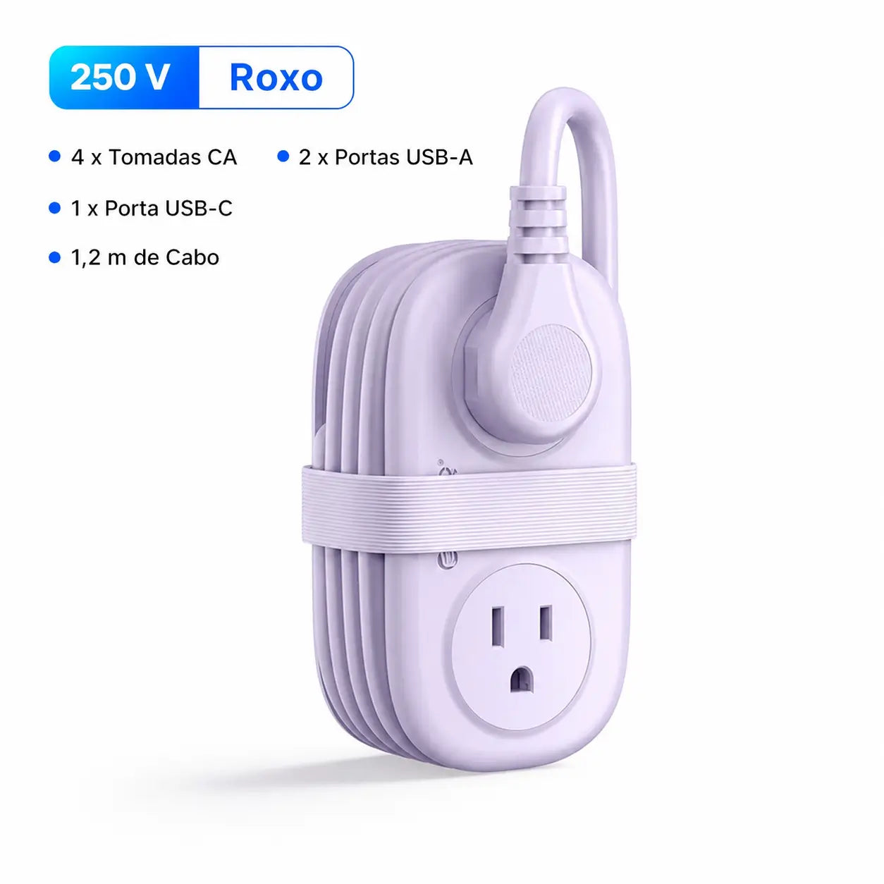 Filtro de linha compacto para viagem com 4 tomadas, USB-C e cabo curto enrolável, ideal para hotel, cruzeiro e mesa de trabalho