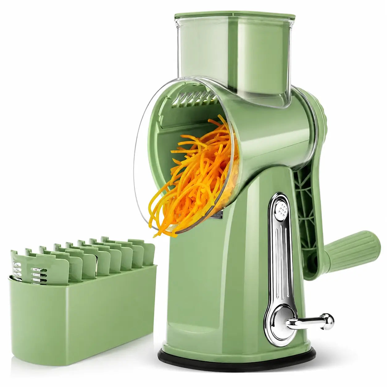 Ralador de queijo rotativo com 5 lâminas inox e base de sucção para fatiar legumes, frutas e chocolate com segurança na cozinha