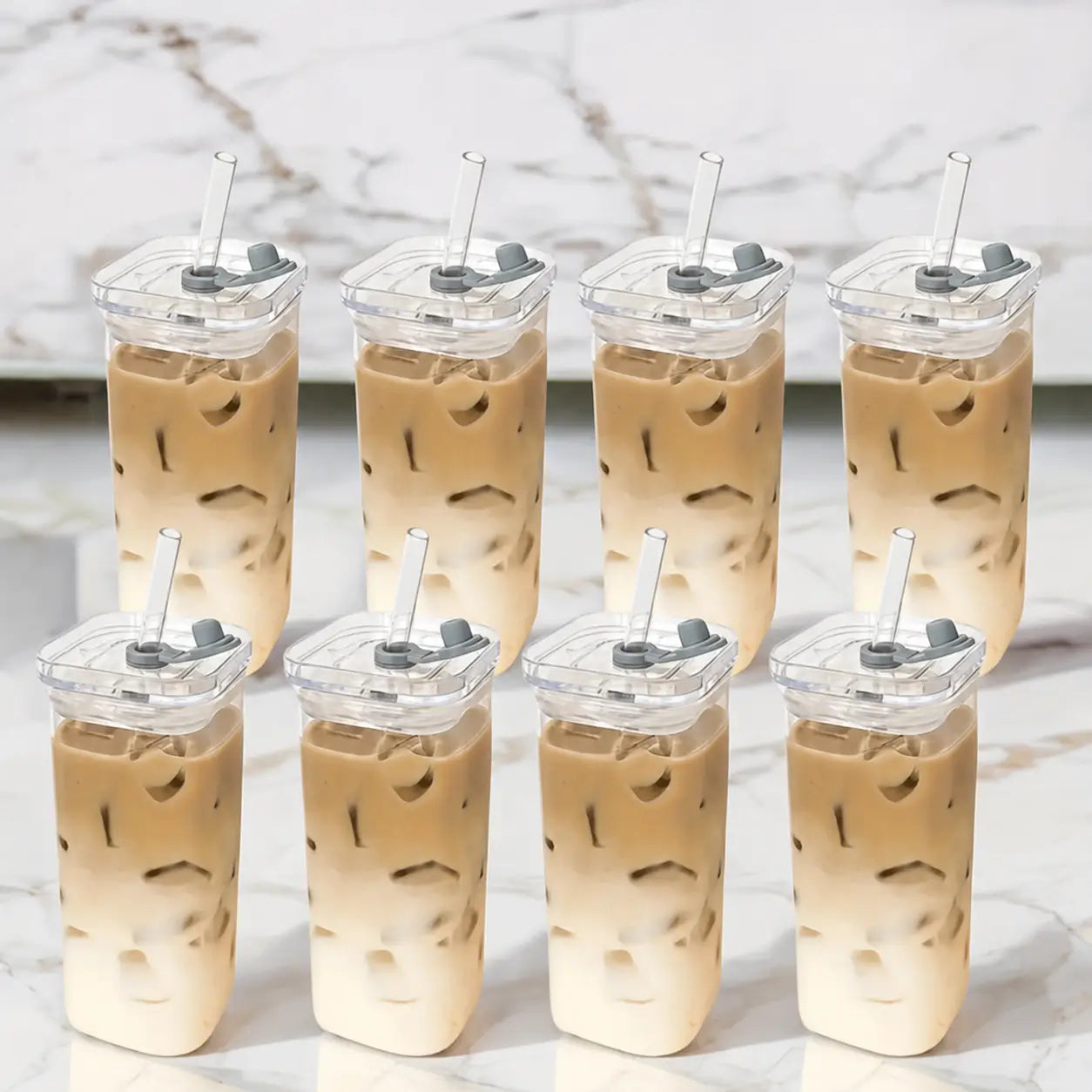 Conjunto com 4 copos de vidro 380 ml com tampa e canudo, design quadrado para café, sucos e drinks em casa ou no escritório