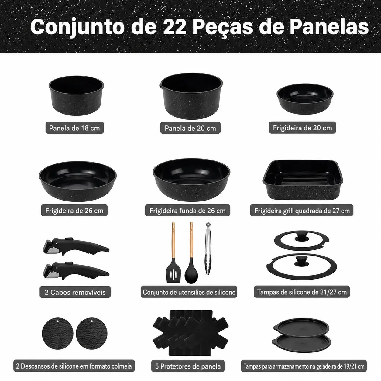 Conjunto de panelas cerâmicas antiaderentes 22 peças, empilhável com cabo removível, para uso prático em casa, indução, forno e camping