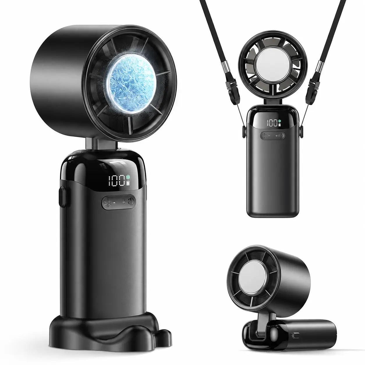Ventilador portátil turbo 4 em 1 com 200 velocidades, display LED e bateria 3600 mAh para viagem, mesa e pescoço