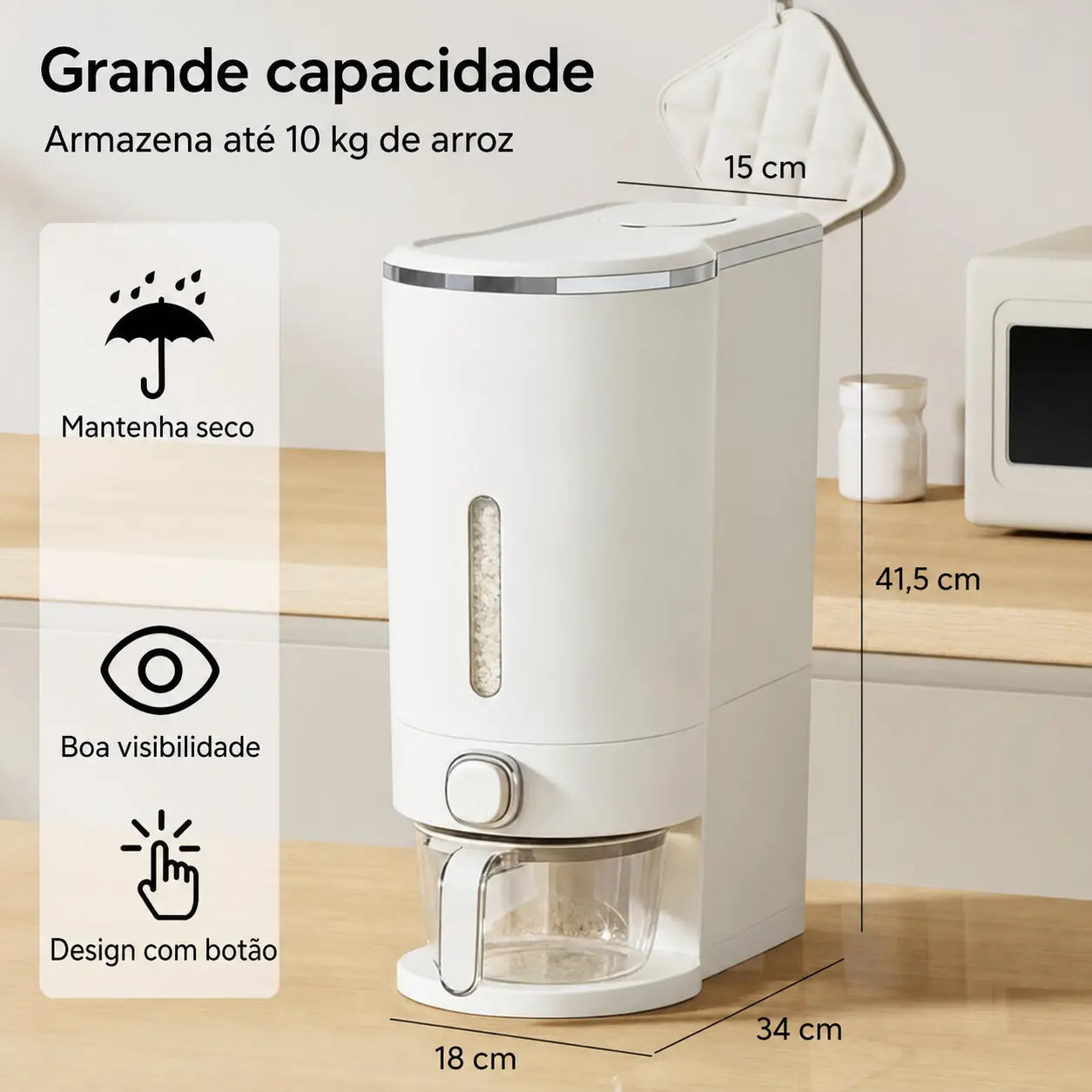Dispenser hermético para arroz 10 kg com copo medidor, proteção contra insetos para grãos, cereais e ração na cozinha e despensa