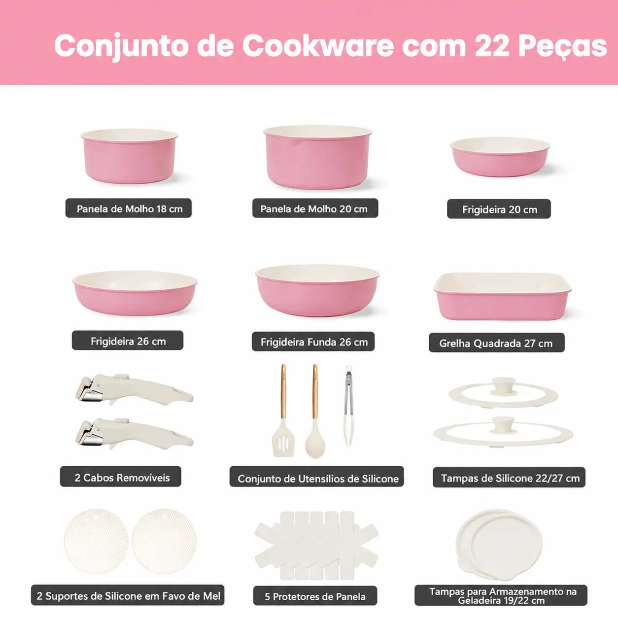 Conjunto de panelas cerâmicas antiaderentes 22 peças, empilhável com cabo removível, para uso prático em casa, indução, forno e camping