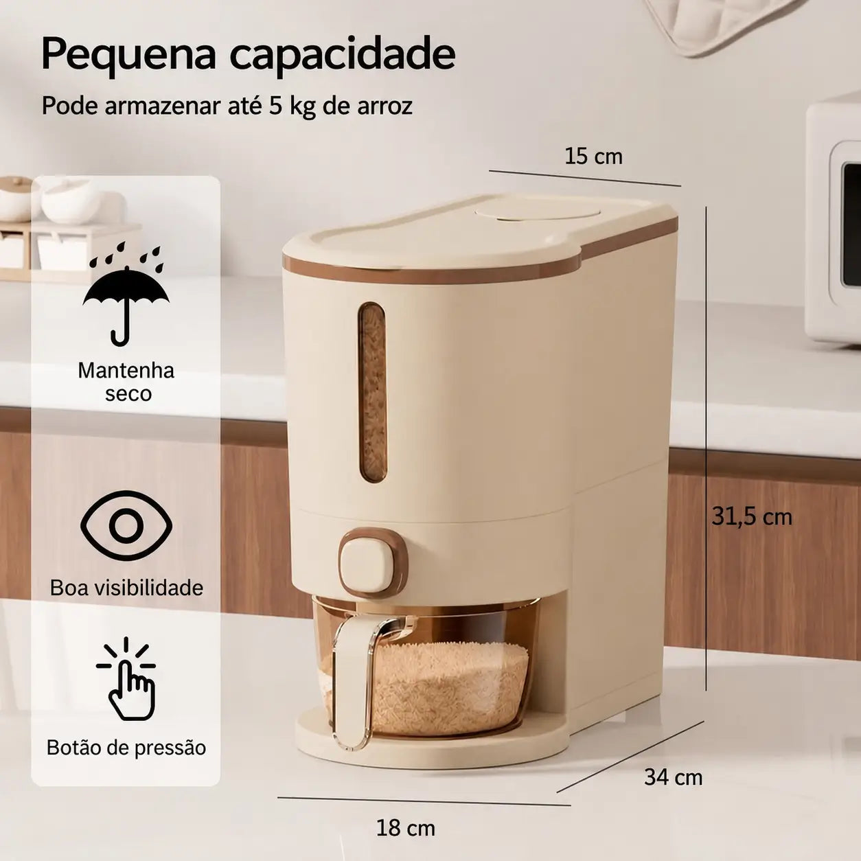Dispenser hermético para arroz 10 kg com copo medidor, proteção contra insetos para grãos, cereais e ração na cozinha e despensa