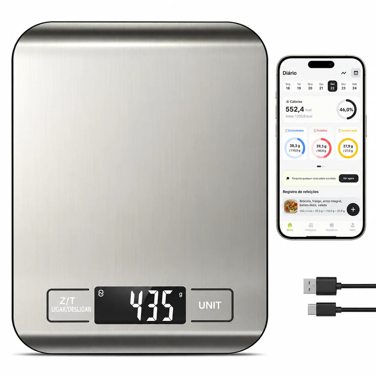 Balança digital de cozinha com tara e precisão de 1 g