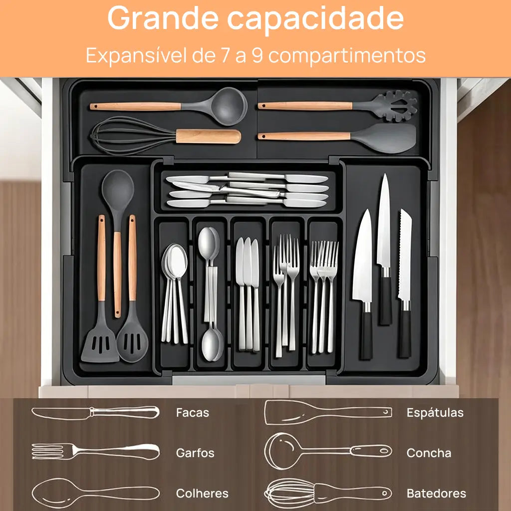 Organizador de talheres expansível com 9 compartimentos para gaveta