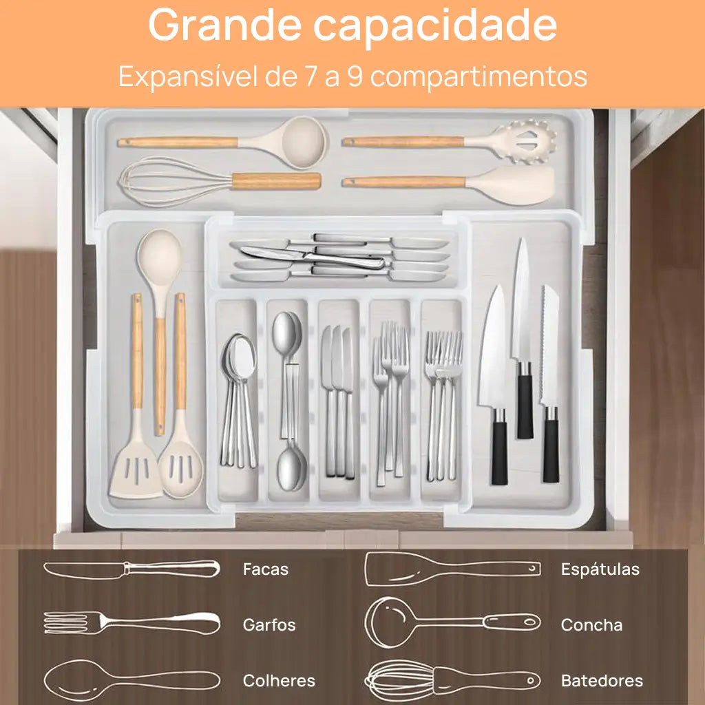 Organizador de talheres expansível com 9 compartimentos para gaveta