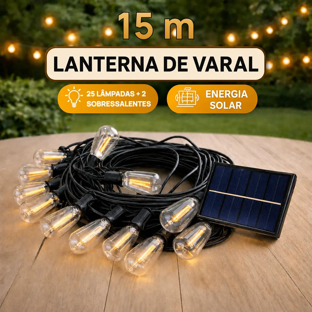 Cordão de luzes solares LED com sensor crepuscular e 8 modos para varanda, jardim e área externa