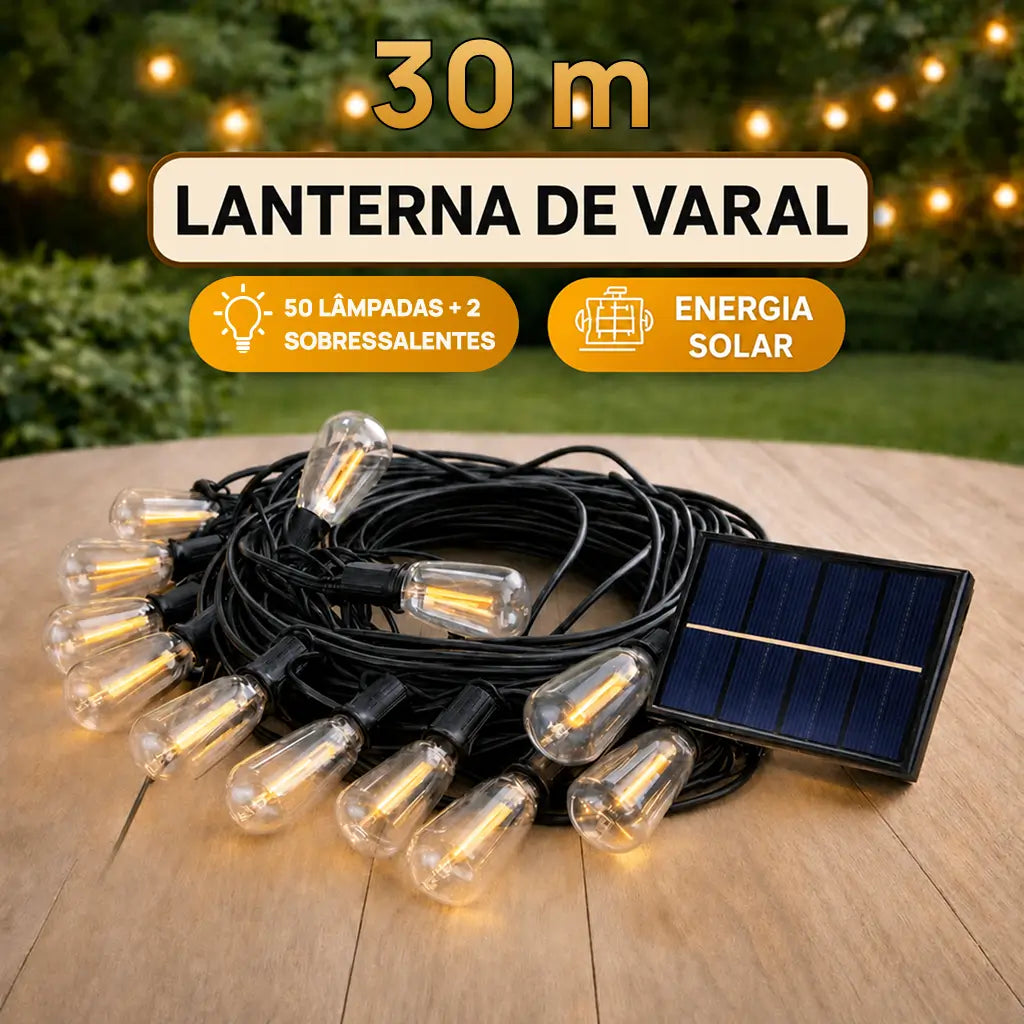 Cordão de luzes solares LED com sensor crepuscular e 8 modos para varanda, jardim e área externa