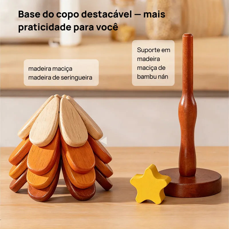 Descanso de copo em madeira maciça em formato de árvore de Natal — criativo e funcional, protege do calor, resistente e decorativo