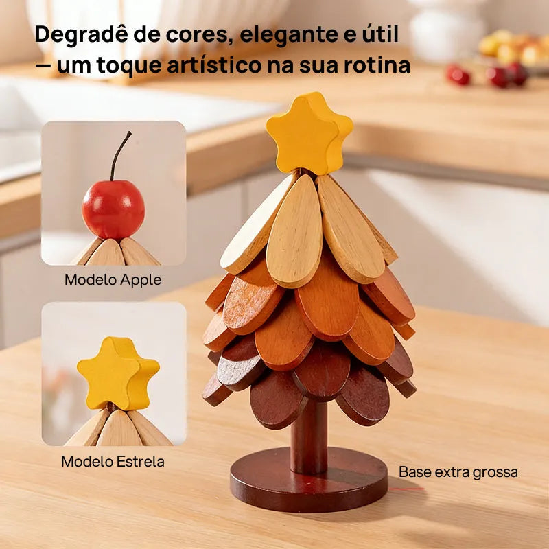 Descanso de copo em madeira maciça em formato de árvore de Natal — criativo e funcional, protege do calor, resistente e decorativo