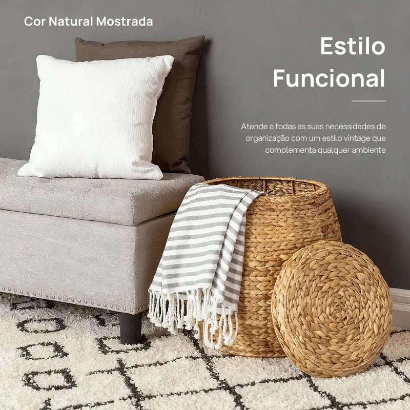 Cesta Organizadora Vintage Multifuncional de Jacinto-d’Água com Tampa, Ideal para Armazenamento em Qualquer Cômodo charme rústico