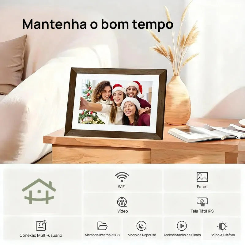 Porta-Retratos Digital Frameo 25.7cm com Moldura de Madeira, Fácil Instalação e Memória de 32GB para Fotos, memórias vivas e especiais