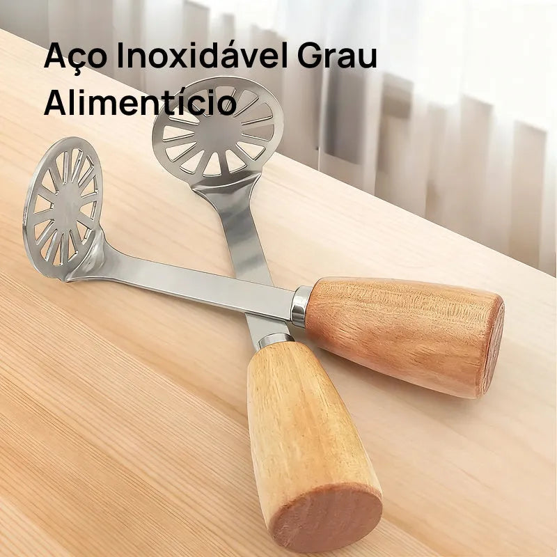 Conjunto de 2 Esmagadores de Batata e Abacate em Aço Inoxidável, com Cabo de Madeira para Alto Desempenho purê perfeito