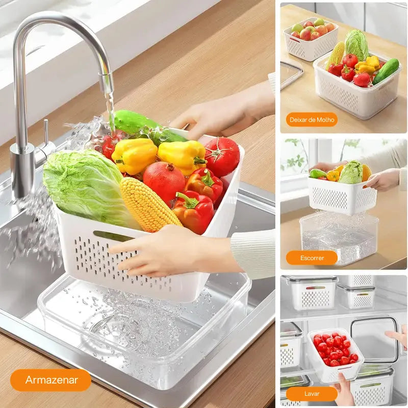 Kit com 5 Organizadores Empilháveis para Geladeira, com Coador Removível para Frutas, Legumes e Carnes Frescas frescura prolongada