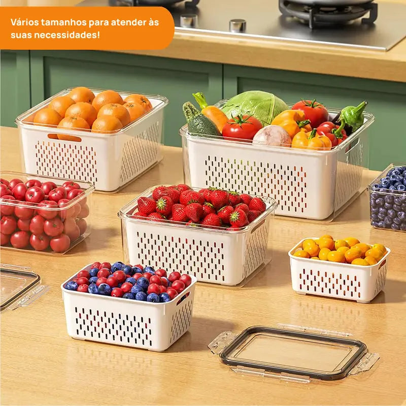 Kit com 5 Organizadores Empilháveis para Geladeira, com Coador Removível para Frutas, Legumes e Carnes Frescas frescura prolongada