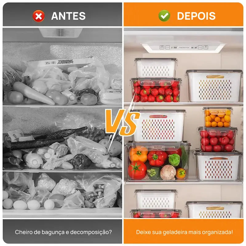 Kit com 5 Organizadores Empilháveis para Geladeira, com Coador Removível para Frutas, Legumes e Carnes Frescas frescura prolongada