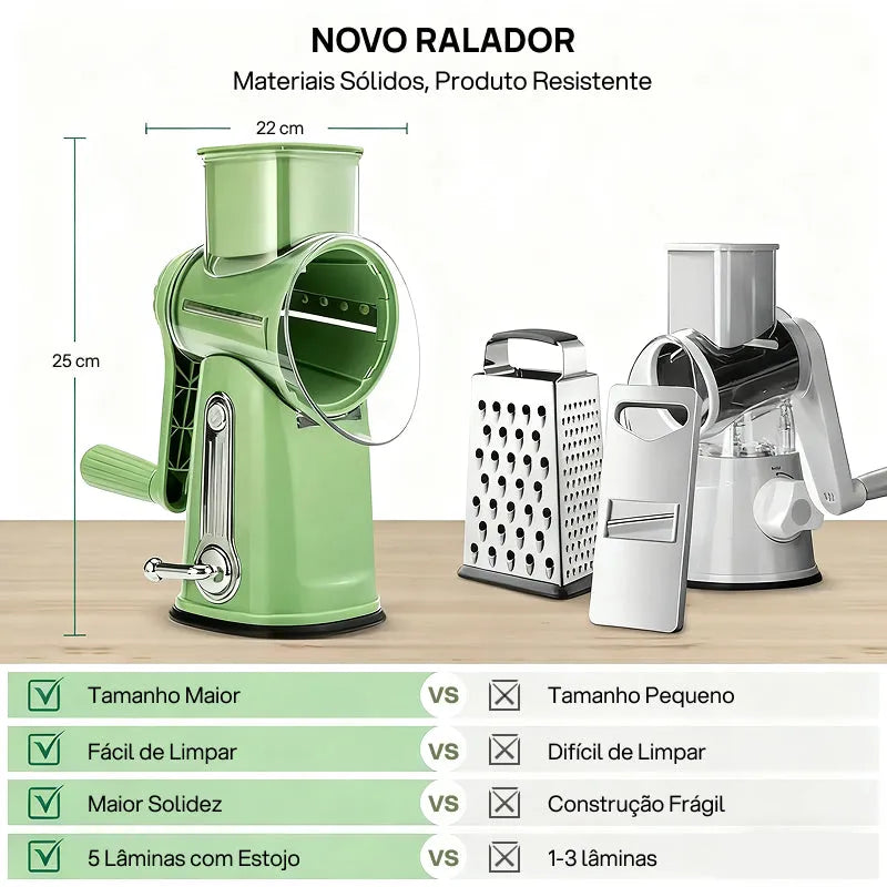 Ralador de Queijo Rotativo com 5 Lâminas Diversas, Base com Forte Sucção e Alça para Fatiar Legumes, versatilidade total e facilidade