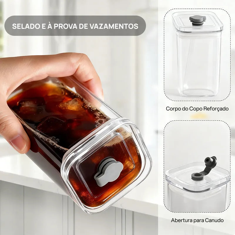 Conjunto de 4 Copos Tumbler Quadrados de Vidro 385ml, com Tampa de Plástico e Canudos de Vidro para Bebidas elegantemente modernos