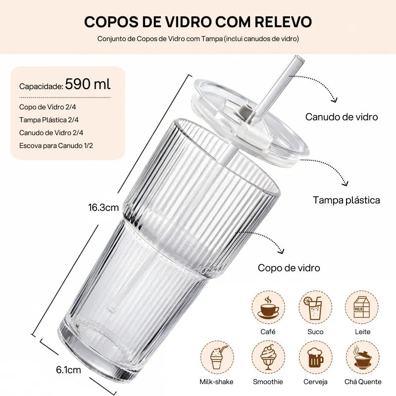 Conjunto de 2 ou 4 Copos de Vidro Texturizado com Tampa e Canudo, Reutilizáveis, Duráveis e à Prova de Vazamentos estilo sustentável