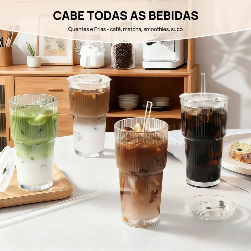 Conjunto de 2 ou 4 Copos de Vidro Texturizado com Tampa e Canudo, Reutilizáveis, Duráveis e à Prova de Vazamentos estilo sustentável