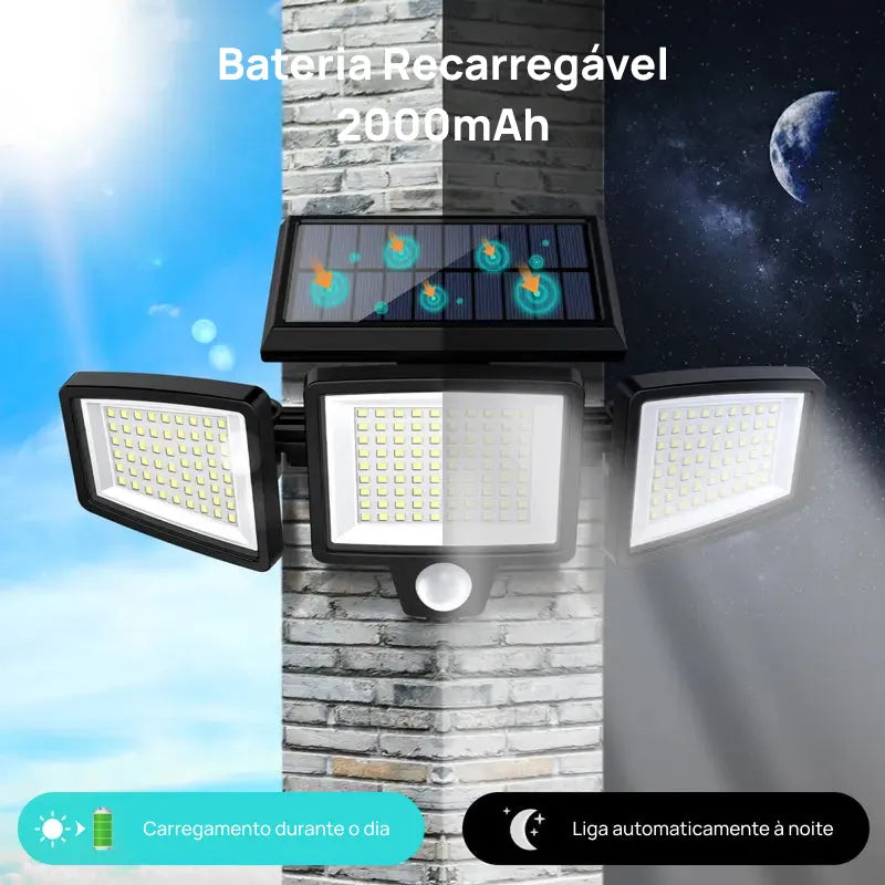 Luz de Segurança Solar 2500LM com 3 Cabeças Ajustáveis, 3 Modos de Iluminação e Proteção IP65 para Jardim eficientemente potente