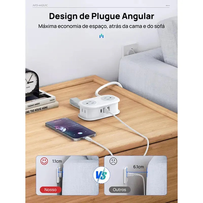 Filtro de Energia Compacto para Viagem, com 4 Tomadas e 3 Portas USB (Inclui USB-C) e Cabo de 1.2m, essencial e moderno, muito prático