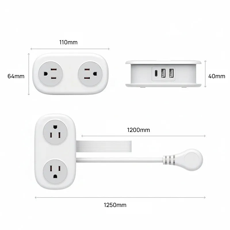 Filtro de Energia Compacto para Viagem, com 4 Tomadas e 3 Portas USB (Inclui USB-C) e Cabo de 1.2m, essencial e moderno, muito prático