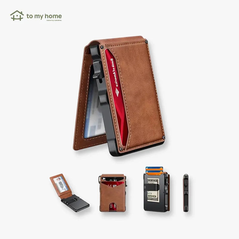 Carteira masculina slim minimalista em alumínio com bloqueio RFID, visor, clip para notas, sistema pop-up, design compacto, segura, elegante e prática