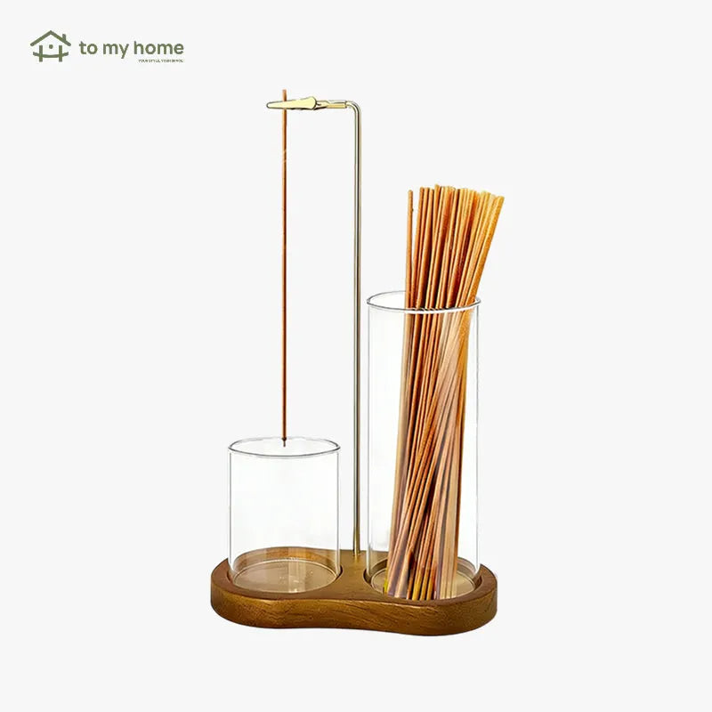 Porta incenso e vela 2 em 1 com base madeira, coletor cinzas vidro, difusor aromático decorativo elegante funcional para casa moderna aconchegante