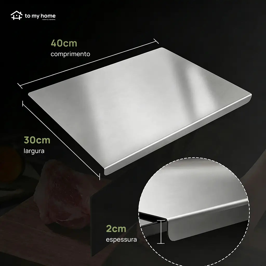 Tábua de corte em aço inox 304 antiderrapante, higiênica e impermeável para carnes, legumes e massas na cozinha de casa ou restaurante