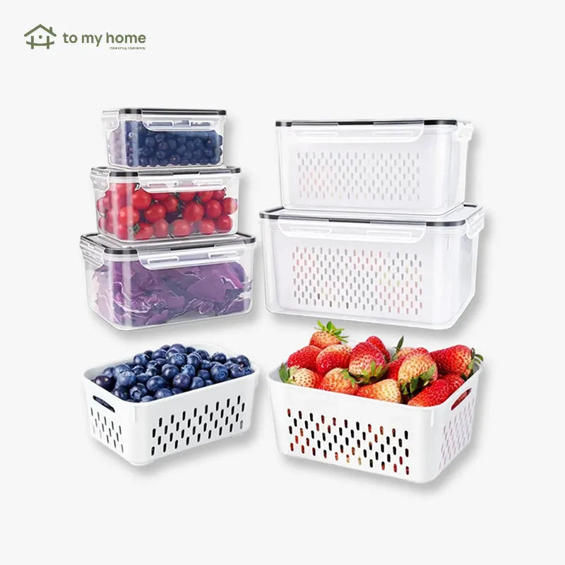 Kit com 5 Organizadores Empilháveis para Geladeira, com Coador Removível para Frutas, Legumes e Carnes Frescas frescura prolongada