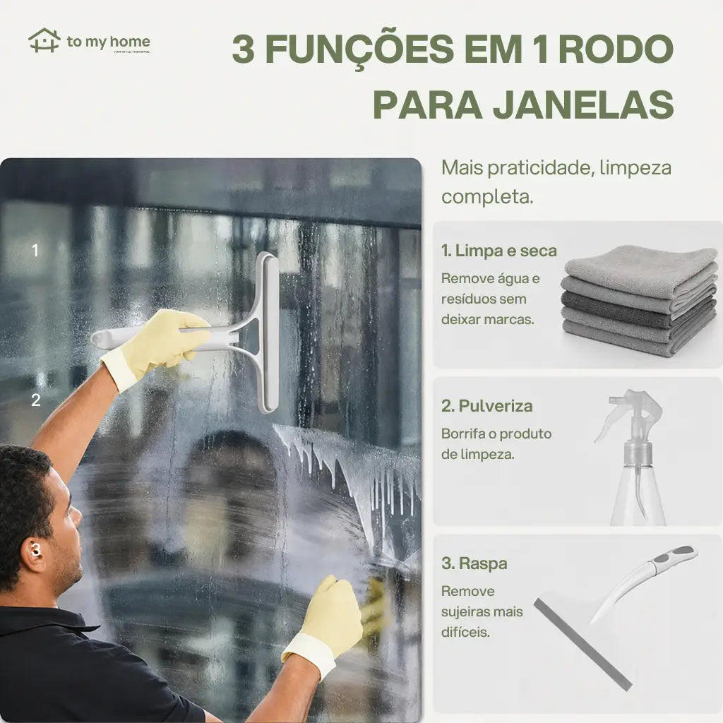 Rodo limpador de vidros 3 em 1 com spray, raspador e microfibra para janelas, para-brisa e bancadas na limpeza diária