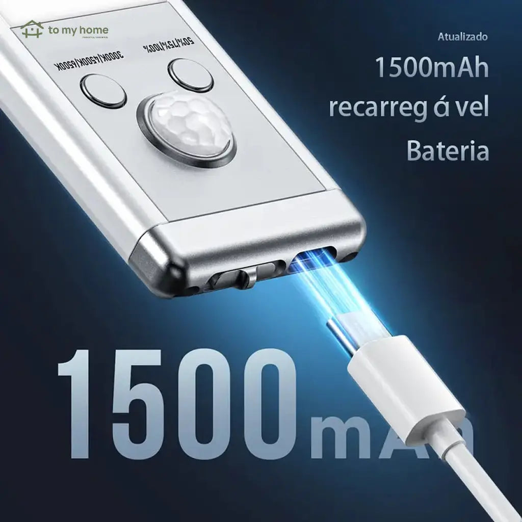 Luminária LED recarregável USB-C com sensor de presença, instalação magnética e brilho ajustável para armários, cozinha e corredor