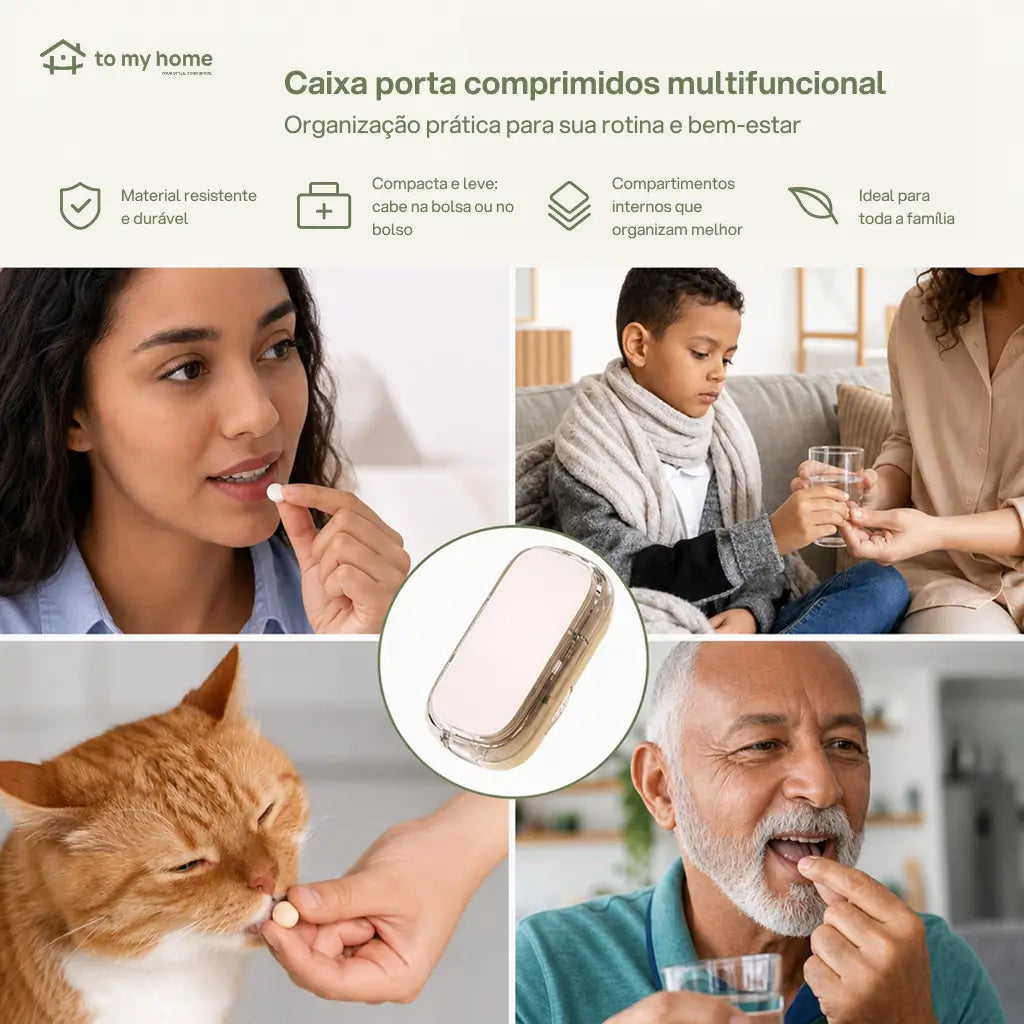 Cortador de pílulas compacto com compartimento interno e ajuste de tamanho para idosos, cuidadores e medicação de pets no uso diário prático