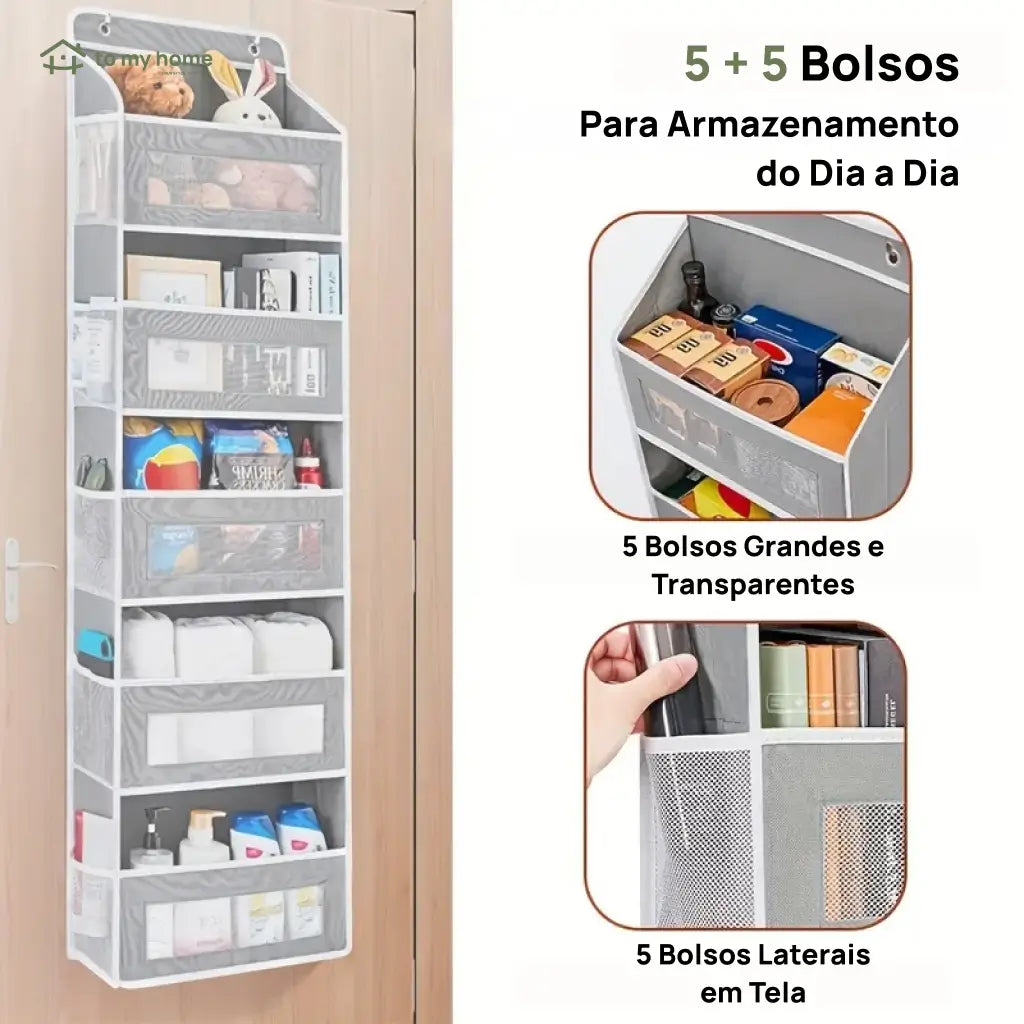 Organizador de porta suspenso 5 níveis com 10 bolsos grandes e design anti-inclinação para quarto, banheiro e dormitório