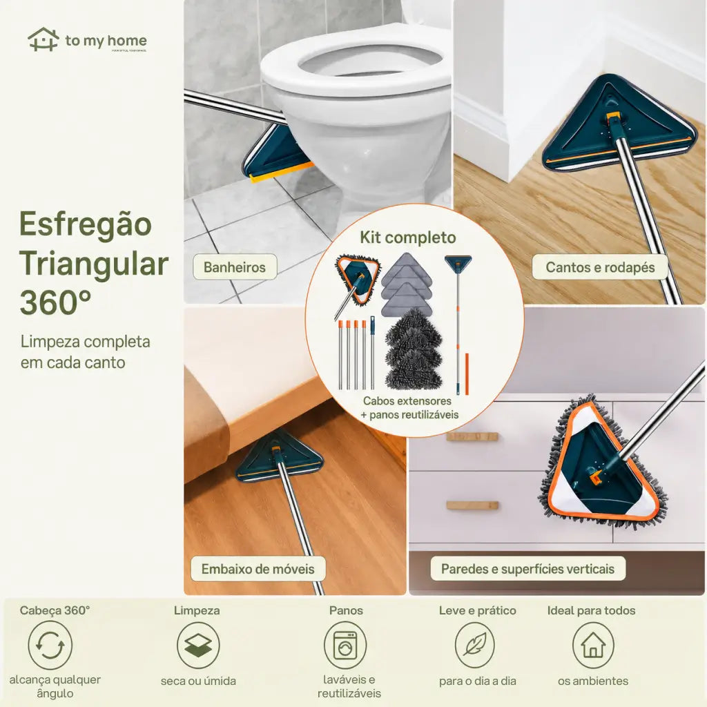 Mop triangular com cabo longo ajustável e rodízio 360° para limpar paredes, ventiladores, vidros, pisos e cantos difíceis