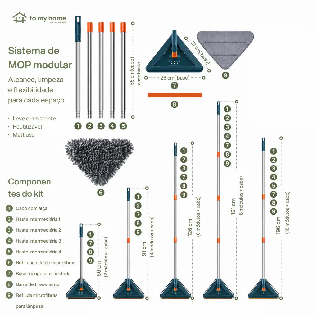 Mop triangular com cabo longo ajustável e rodízio 360° para limpar paredes, ventiladores, vidros, pisos e cantos difíceis