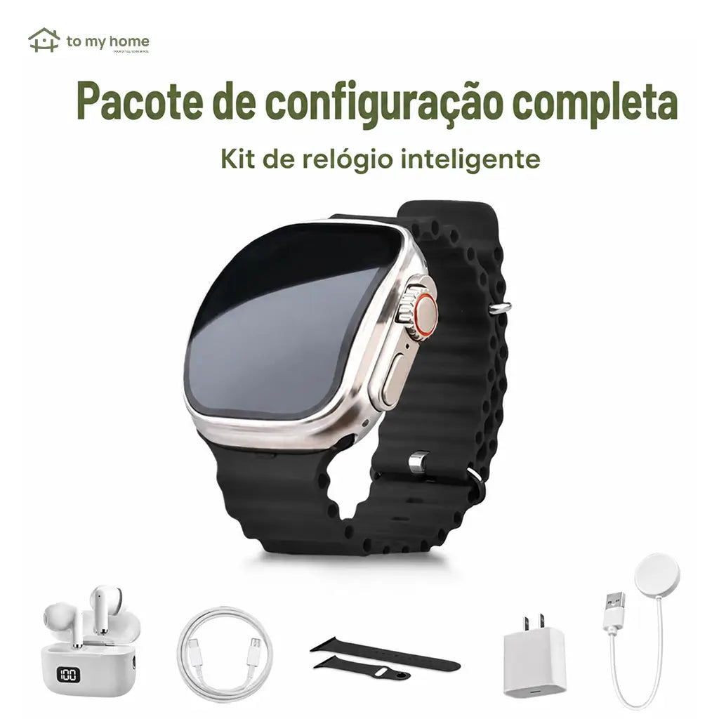 Kit smartwatch 6 em 1 com fone Bluetooth, carregador 20W e cabo Type-C para rotina conectada no trabalho, treino e viagens