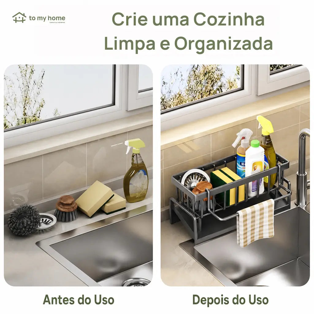 Caddy organizador de pia com porta-esponja, divisória e suporte alto para escova, ideal para cozinha compacta, bancada limpa e utensílios à mão