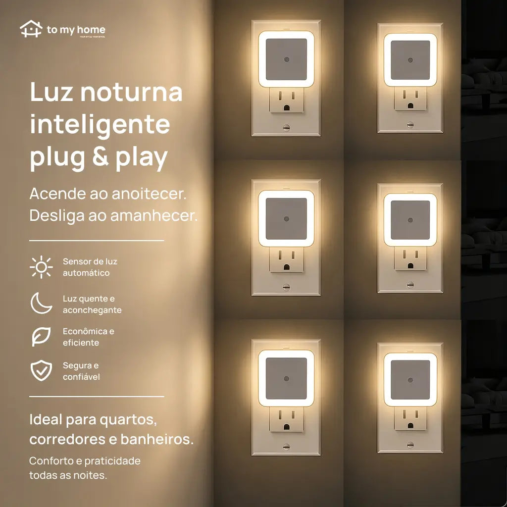 Luz noturna LED de tomada com sensor crepuscular, kit com 6 unidades para quarto, banheiro, corredor e cozinha, branco quente